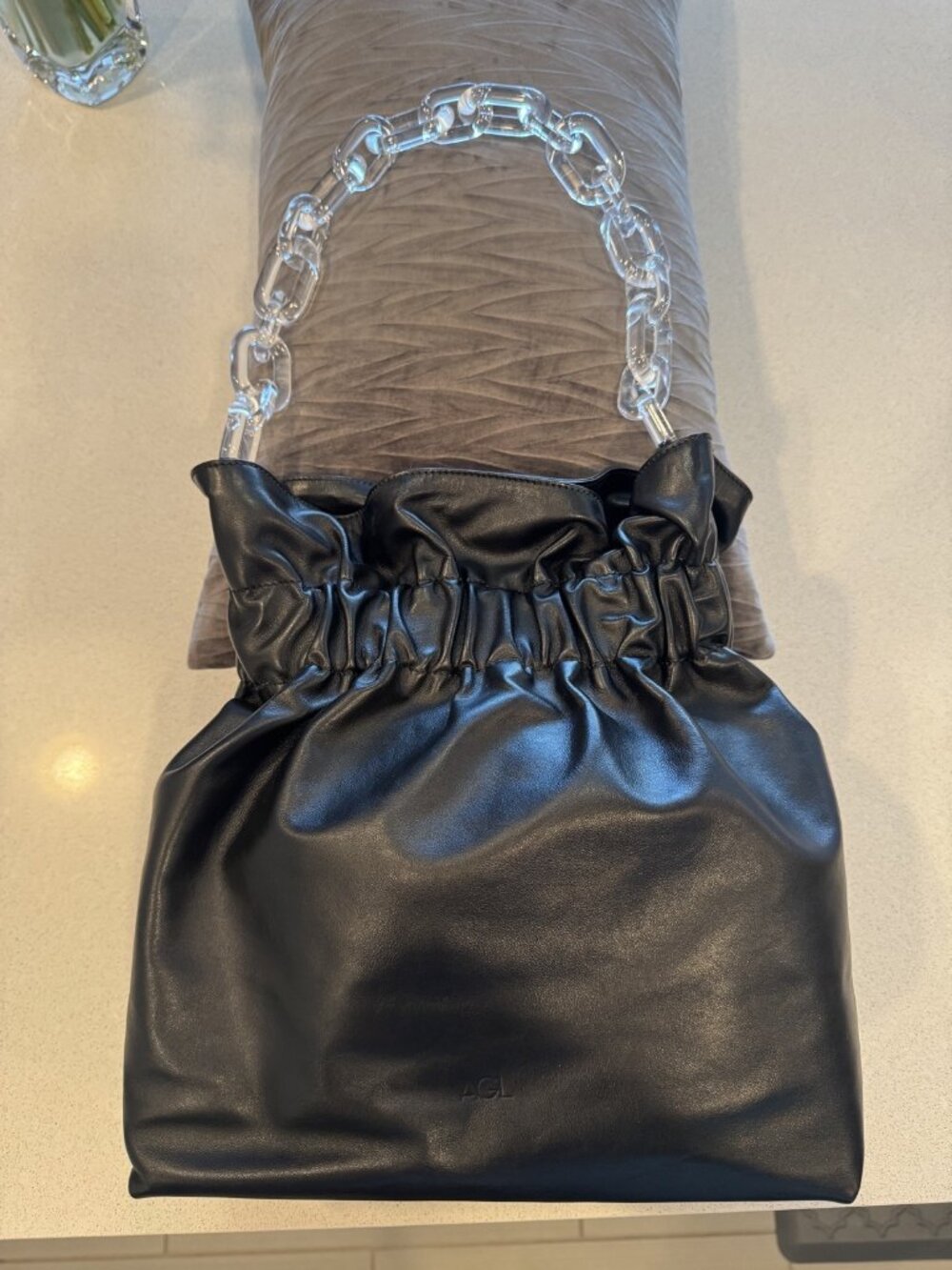 Authentic AGL (Attilio Giusti Leombruni) Black Leather Cinch Bag w/ Clear Chain - Picture 1 of 4